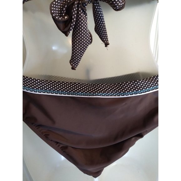 VM Swimsuit 3 Pc Halter Top Bikini Bottom & Skirted Bottom Sz M Brown - Picture 6 of 11
